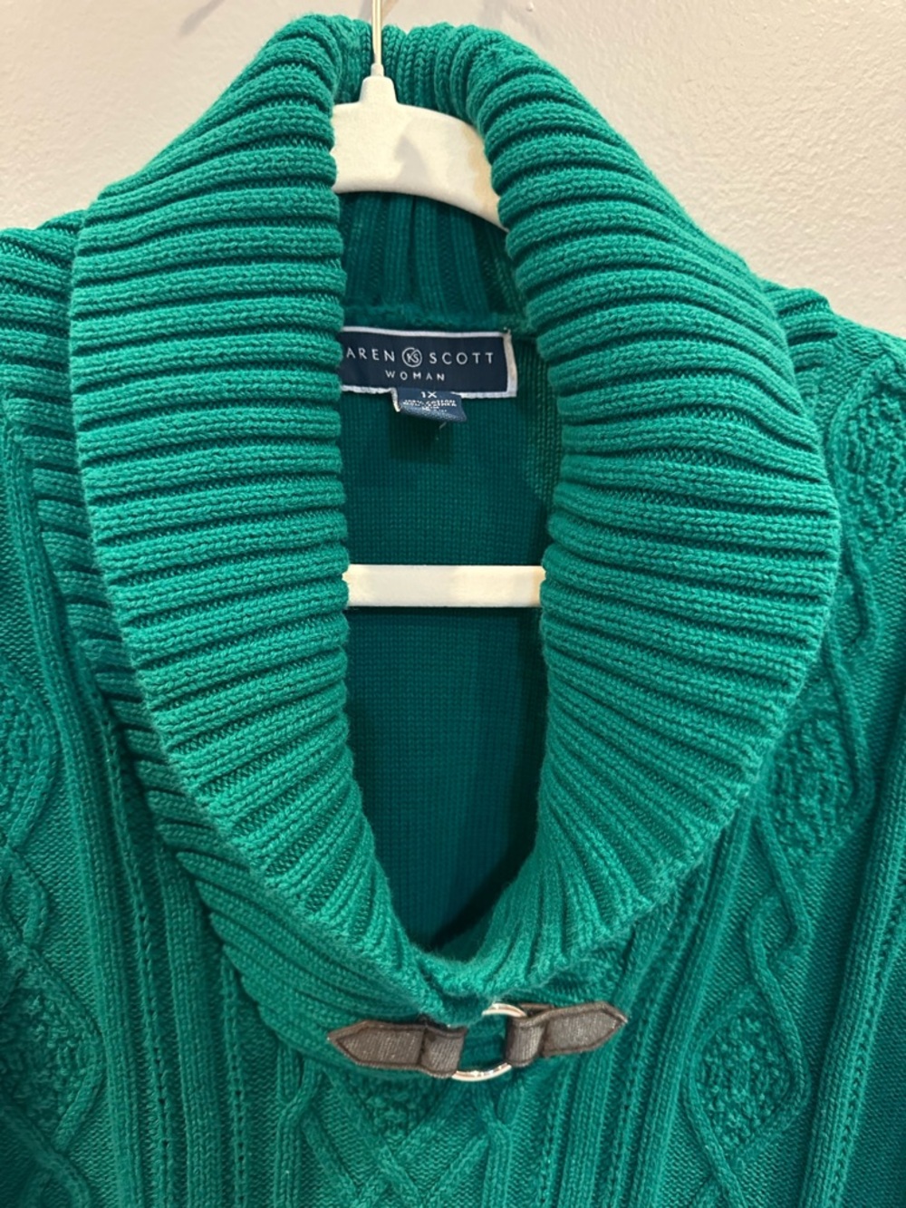 Karen Scott Green Cable Knit Shawl Collar Sweater Size 1X Cozy Buckle Accent - Picture 3 of 7